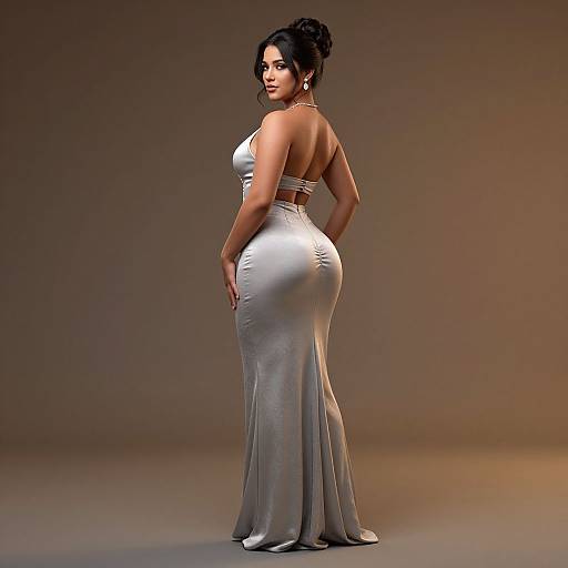 Photorealistic CGI of a curvy woman with dark hair in an updo, wearing a silver strapless evening gown, standing against a gradient brown