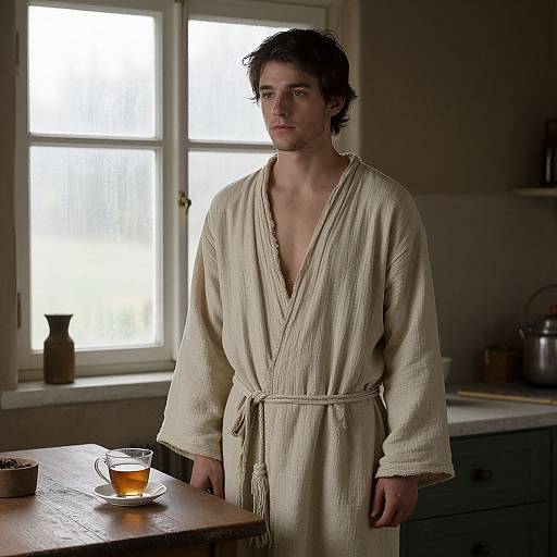 Serene Young Man in Rustic Kitchen