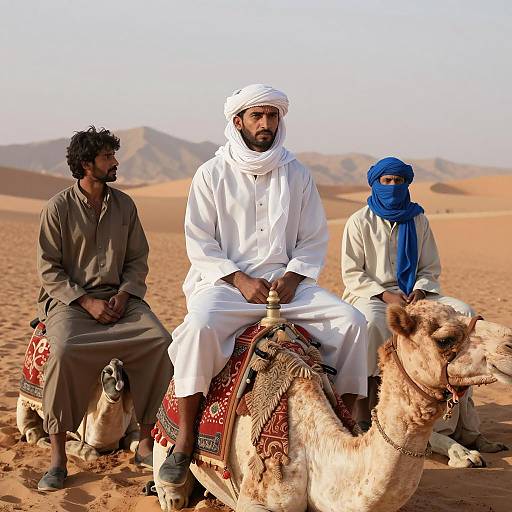 Three Men in Desert with Camel
