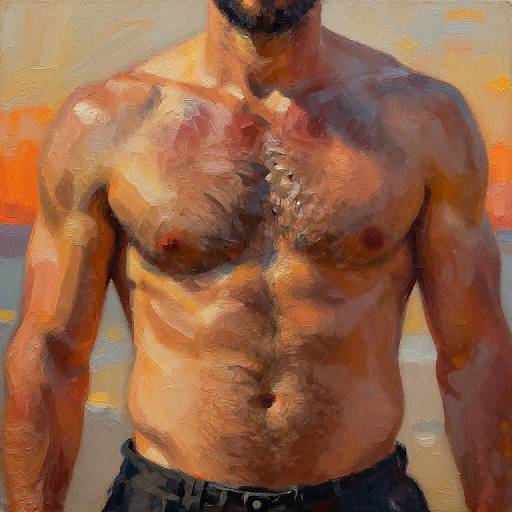 Digital painting of a muscular, shirtless man with a hairy chest and torso, standing against a colorful, abstract background. Warm hues dominate, with orange