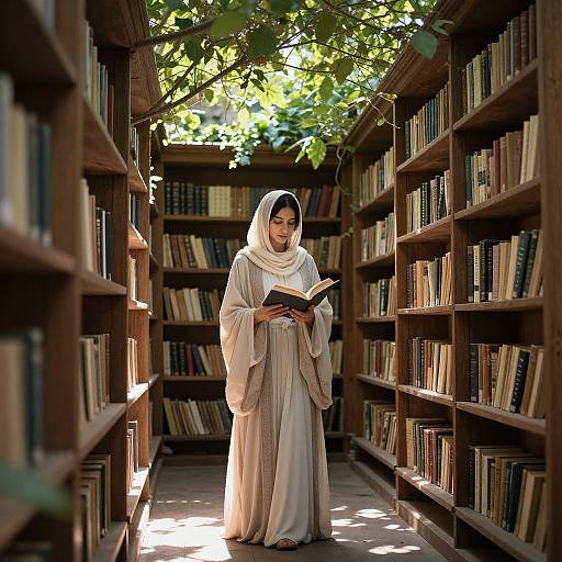 Photograph of a woman in a white nun's habit reading a book in a sunlit, narrow library aisle with wooden bookshelves.