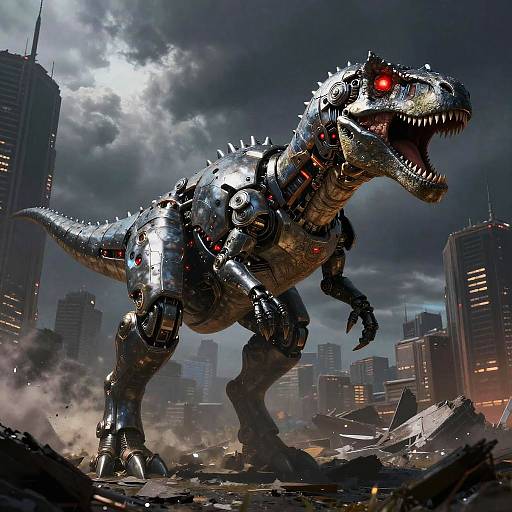 Digital artwork of a metallic, robotic T-Rex with glowing red eyes, destroying a dark, cloudy cityscape with towering buildings.