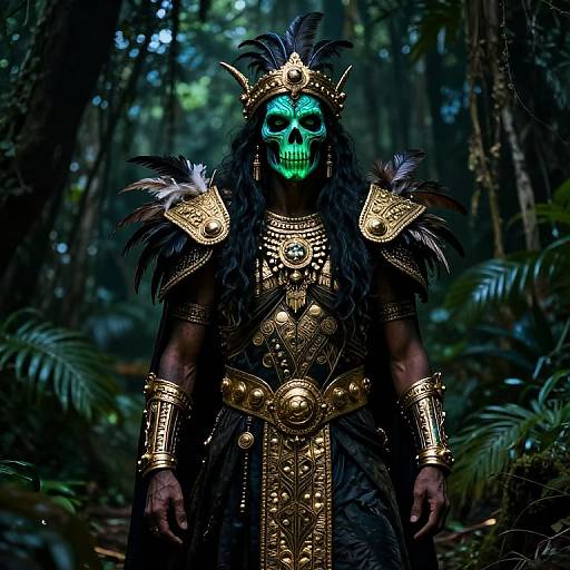 Photograph of a dark-skinned man in a dense jungle, wearing intricate gold armor, black feathered headdress, and glowing green skull mask.