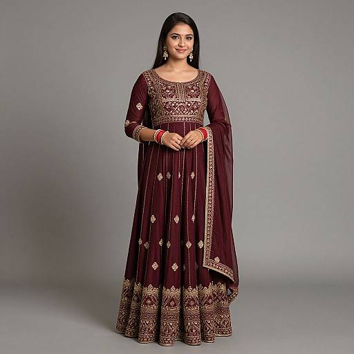 Photograph of a smiling South Asian woman in a maroon traditional lehenga with gold embroidery, red bangles, and long dark hair, standing against