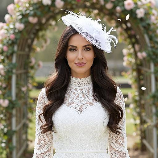 Photograph of a woman with long dark hair, wearing a white lace dress and white feathered hat, standing in front of a floral arch.