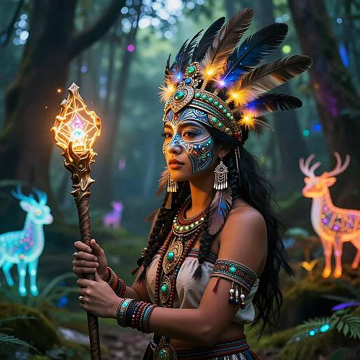 Photograph-like digital artwork of a Native American woman in elaborate headdress holding glowing staff, surrounded by neon-colored deer in enchanted forest.