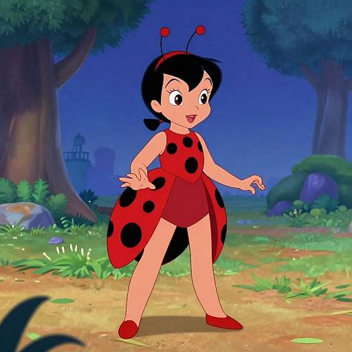 Cartoon-style drawing of a young girl with black hair, red and black polka-dot dress, red shoes, and antennae, standing in a