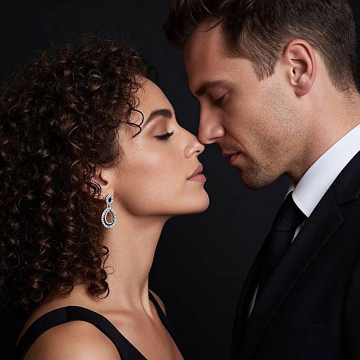 Photograph of a curly-haired woman with silver earrings and a black dress, intimately close to a dark-haired man in a black suit, against a black