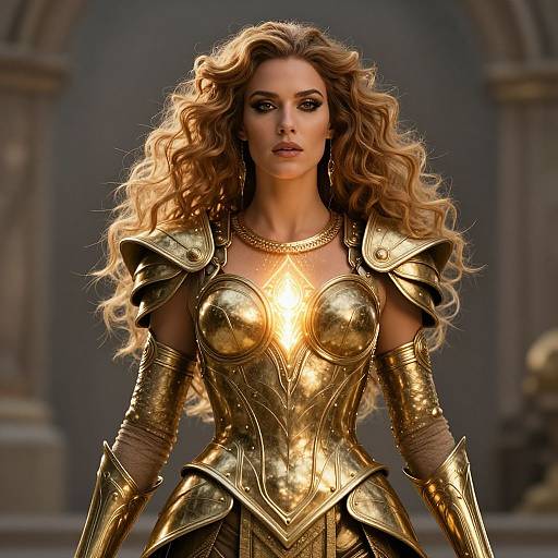 Photorealistic digital image of a fierce, wavy-haired woman in golden, ornate armor with glowing chest plate, standing confidently in a grand,