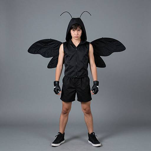 Young man in black hooded outfit with insect wings and gloves, standing confidently against gray backdrop, wearing black sneakers. Photograph.