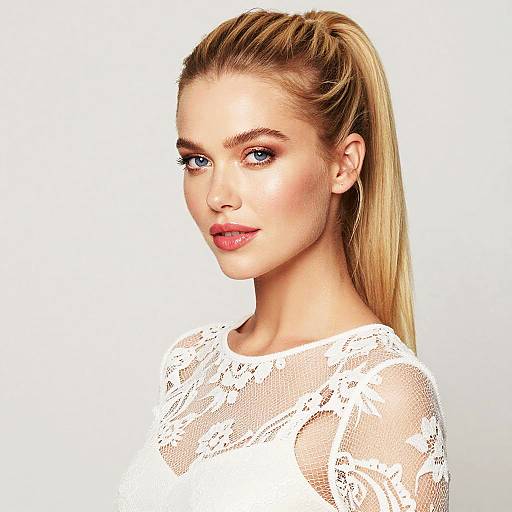 Photograph of a blonde woman with blue eyes, wearing a white lace top, looking slightly to the left, with a high ponytail. Bright white