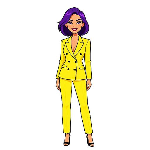 Digital drawing of a confident woman with purple bob haircut, wearing a bright yellow double-breasted suit with black buttons, black high heels, and a smile