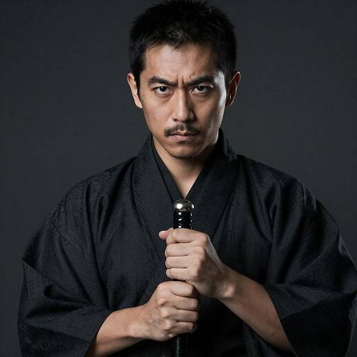 Samurai in Dark Kimono and Staff