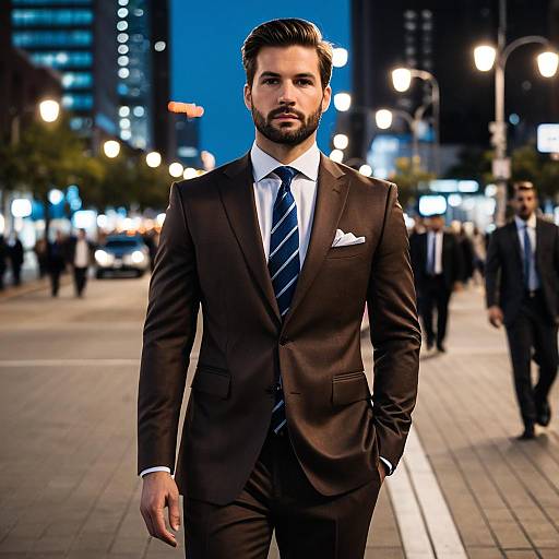 Confident Man in Brown Suit on Urban Street at Night