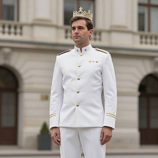 Photograph of a handsome man with short brown hair, wearing a white military uniform with gold accents and a gold crown, standing in front of a grand