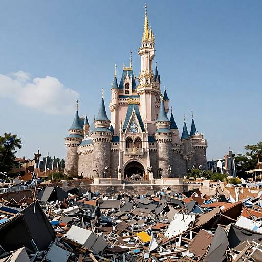 Photograph of Cinderella Castle with blue turrets and golden spire, surrounded by a pile of rubble and debris under a clear blue sky.