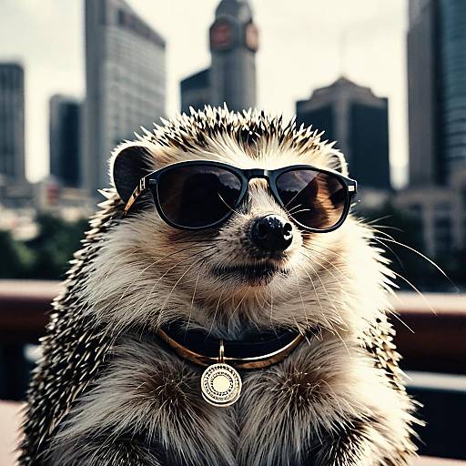 Hedgehog Wearing Sunglasses and Necklace in Urban Setting