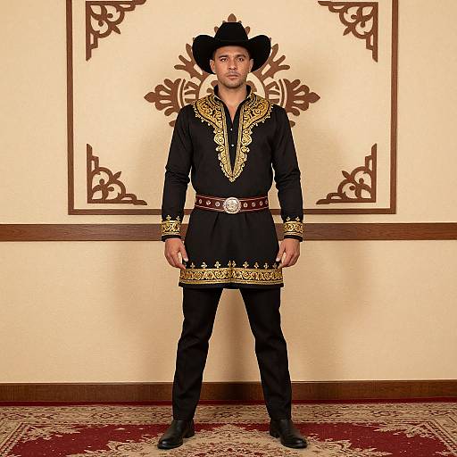 Photograph of a young man in a black cowboy outfit with gold embroidery, black hat, brown belt, and standing against a beige wall with ornate