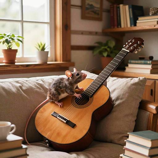 Rat Playing Guitar in Cozy Cabin