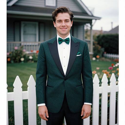 Man in Dark Green Tuxedo by White Picket Fence