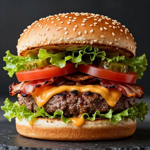 Photograph of a juicy cheeseburger with sesame seed bun, lettuce, tomato, bacon, melted cheese, and crispy edges on a dark background.
