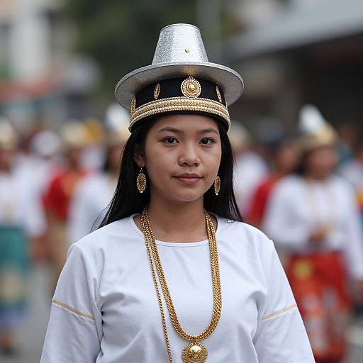Photograph of a young Asian woman in traditional white attire with gold accessories, black hat, and long black hair, standing in a blurred, crowded outdoor