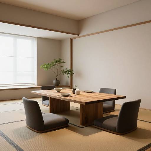 Photograph of a minimalist Japanese dining room with a wooden table, four black cushioned chairs, potted plants, and natural light from a large window