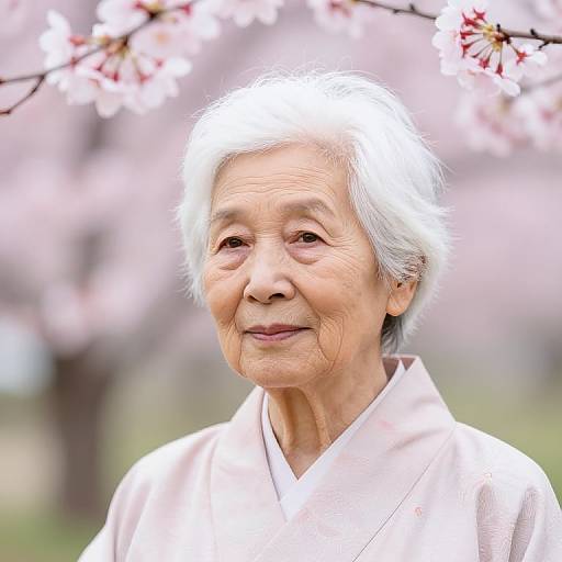Photograph of an elderly Asian woman with white hair, wearing a light pink kimono, smiling gently against a blurred cherry blossom background.