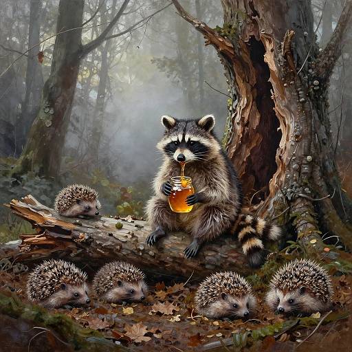 Digital artwork: A raccoon with striped tail, holding an amber beverage, sits on a tree trunk in a misty forest, surrounded by five young