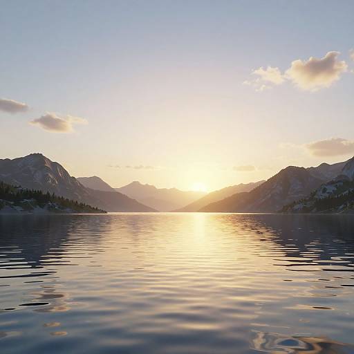 Photograph of a serene lake at sunset, with mountains silhouetted on either side, reflecting golden sunlight on calm water.