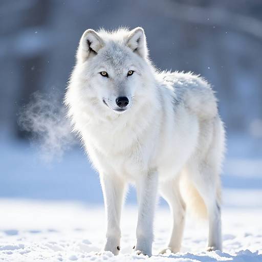 Photograph of a white wolf with piercing yellow eyes standing in a snowy landscape, with a blurred, icy blue background.