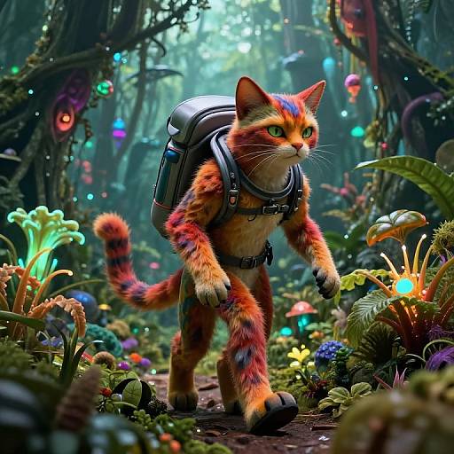 Digital artwork of an orange tabby cat with a rainbow stripe on its forehead, wearing a backpack and harness, walking through a vibrant, glowing forest filled