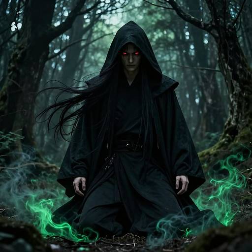 Photorealistic digital art: Dark hooded figure with glowing red eyes kneels in misty forest, surrounded by green ethereal flames. Mysterious