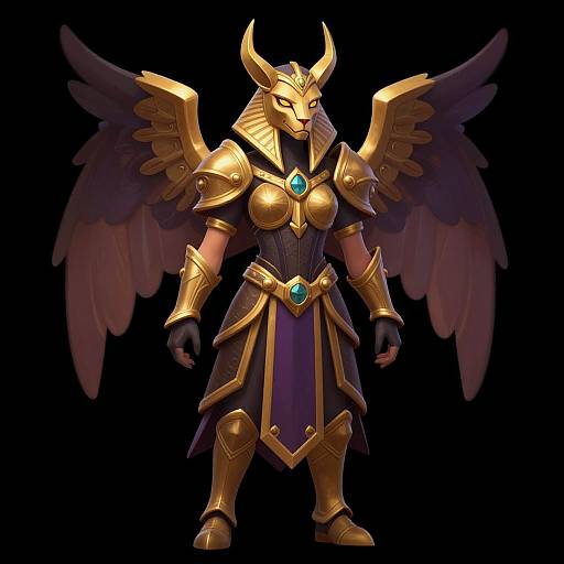 CGI image of a golden-armored, winged, anthropomorphic Anubis character with a stern expression, wearing a blue and gold robe,
