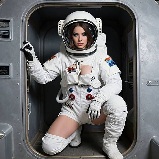 Photograph-style digital art of a beautiful woman in a white astronaut suit with a large helmet, kneeling in a metallic space module doorway.