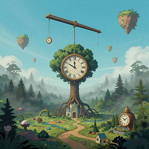 Whimsical digital painting of a giant clock tree with hanging clocks, surrounded by floating islands, a house, and lush forest.