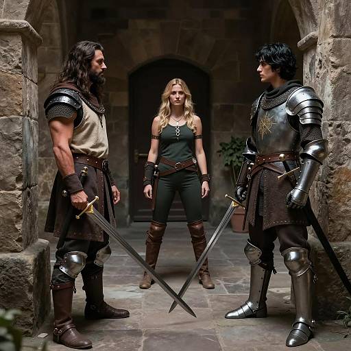 Warriors in a Shadowy Medieval Hallway