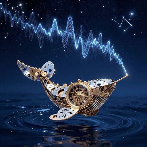 Digital artwork of a metallic crocodile with gears and cogs, emitting a blue, wavy electromagnetic pulse against a starry night sky. Ripples