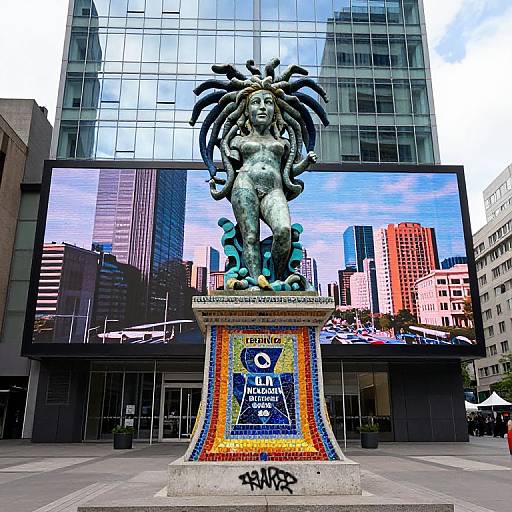 Photograph of a bronze statue with dreadlocks, colorful mosaic base, and graffiti, in front of a modern glass building with a large cityscape mural