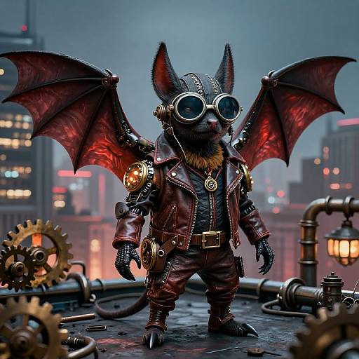 Steampunk bat character with red wings, goggles, leather jacket, and gears, standing on a rooftop with city lights in the background. Digital art