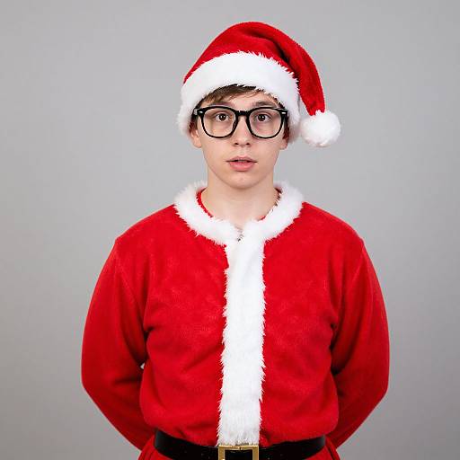 Photograph of a young man with black glasses, wearing a red Santa hat and red velvet Santa jacket with white trim, against a plain light gray background
