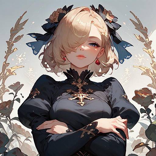 Digital anime-style portrait of a blonde woman with short hair, black dress, red earrings, crossed arms, floral background, and confident expression.