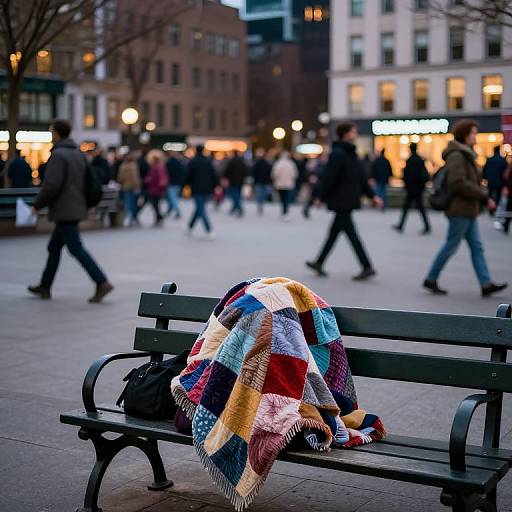 Photograph of a black bench in an urban square at dusk, with a colorful patchwork blanket draped over it, people walking in the blurred background.