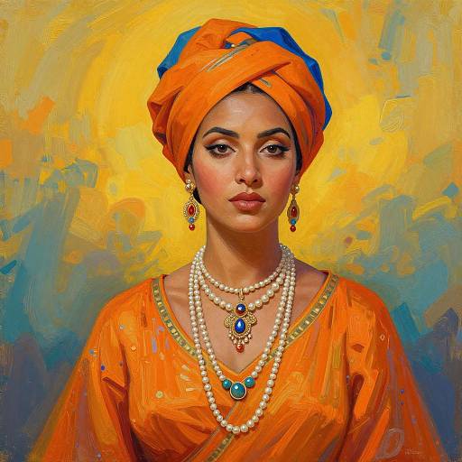 Digital painting of an Indian woman in an orange saree and turban, adorned with blue jewels and pearls, against a vibrant yellow and blue background.