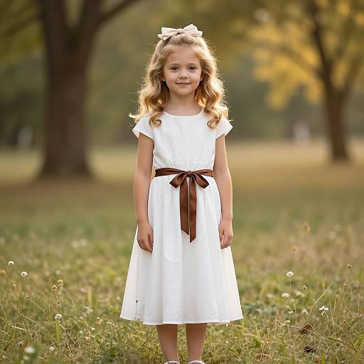 Photograph of a young blonde girl with wavy hair, wearing a white dress with brown ribbon, standing in a sunlit, grassy field with