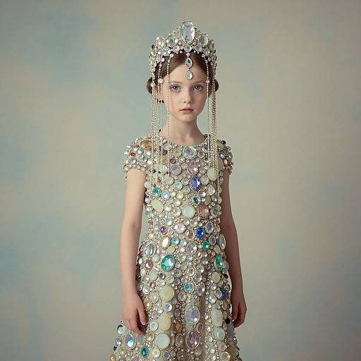 Photograph of a young girl with fair skin, wearing a shimmering, metallic dress adorned with multicolored sequins and a matching beaded head
