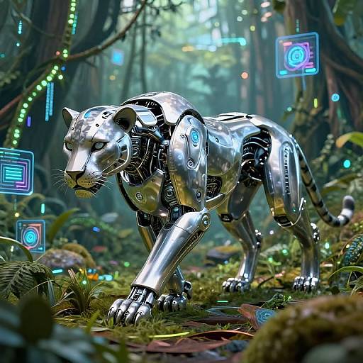 Digital artwork of a futuristic, silver robotic panther with glowing blue circuits, walking through a lush, illuminated forest. Neon interfaces float around it.
