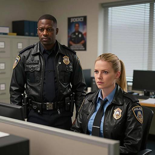 Serious Police Duo in Dim Office