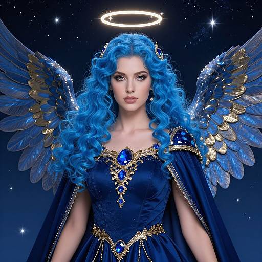 Digital art of a blue-haired angel with glowing wings, halo, and blue gemstone-adorned dress against a starry night sky.