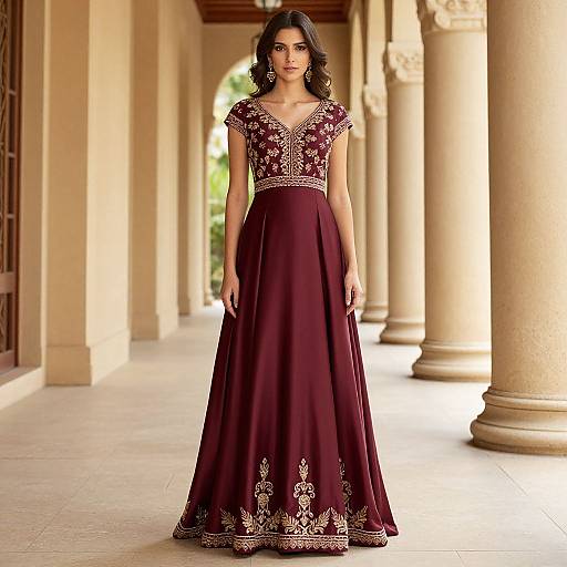 Photograph of a woman with medium brown skin and wavy black hair, wearing a deep maroon evening gown with gold embroidery, standing in a sun